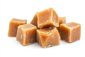 Caramel candy cubes on solid white background. AI generated