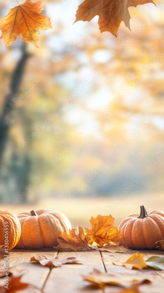 Aufkleber pumpkins and colorful autumn leaves lying on a wooden table with a blurred park in the background