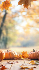 Pumpkins and colorful autumn leaves lying on a wooden table with a blurred park in the background