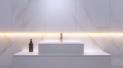 A front view of a modern white bathroom cabinet with a smooth, rectangular sink