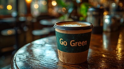 A reusable coffee cup on a wooden table with a "Go Green" slogan