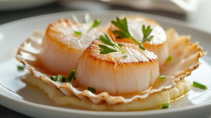 Succulent scallops are beautifully seared and placed on a bed of velvety mashed potatoes, garnished with fresh herbs, showcasing a gourmet creation in an upscale restaurant