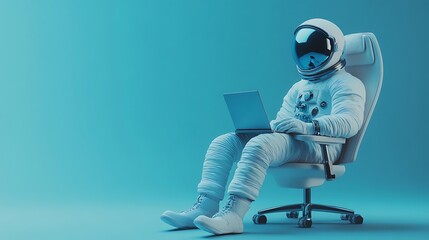 Astronaut in spacesuit sitting on office chair using laptop in futuristic setting

