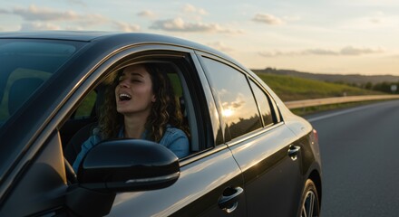 Obraz premium A joyful woman in her early 30s sings passionately while driving her car on a highway, viewed from an external front perspective where the entire vehicle is visible