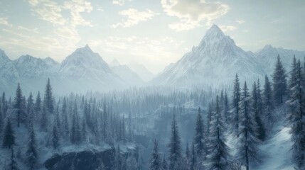 Snowy mountain range, tranquil valley, dense pine forest