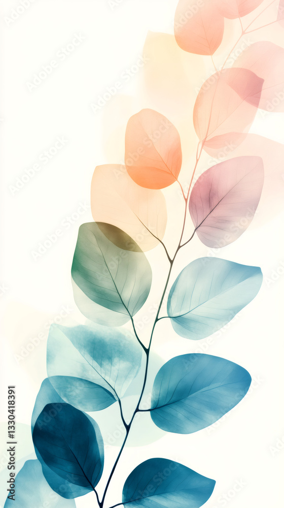 Poster Eucalyptus branch with colorful leaves creating a gradient from orange to blue on white background, ideal for wellness, spa, nature and decoration themes