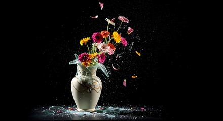 Flowers Exploding From Shattered Vase with Glass Shards on Black Background