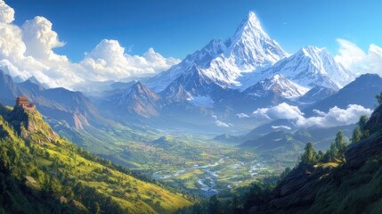 Lush valley nestled amidst snow-capped peaks