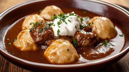 Delicious Czech bread dumplings served with rich goulash sauce and sour cream in a rustic Eastern European setting