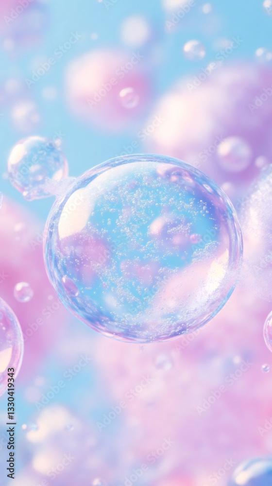 Poster Macro close-up of a large soap bubble with smaller bubbles floating around it against a pastel pink and blue gradient background