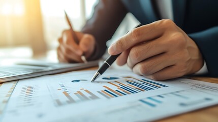 Close-up of hands reviewing financial charts and graphs.