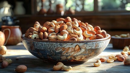 Mixed nuts in a decorative bowl.