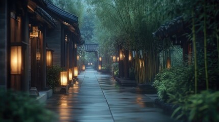 Obraz premium Misty, rain-soaked path through a tranquil Asian garden