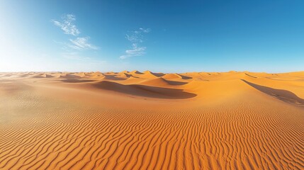 Expansive desert landscape under a vibrant blue sky.  Sunrise or sunset light casts warm tones across the dunes.  Gentle undulations of sand create a rippled texture.