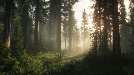 Obraz premium Sunlight cascades through the towering trees in a tranquil forest. Mist hovers above the ground, creating a magical atmosphere in the early morning