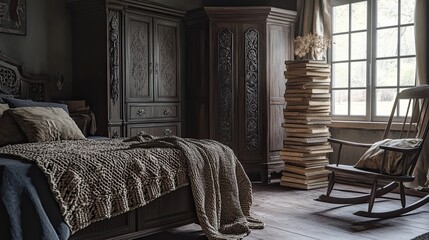 Fototapeta premium A secluded countryside vintage bedroom with dark oak furniture