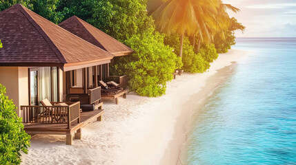 Luxurious beachfront villas amidst tropical landscape at sunset on a serene sandy beach