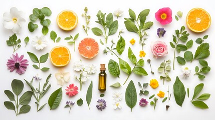 Botanical flat lay with colorful herbs, flowers, and essential oil bottle


