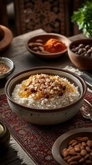 Luxurious Persian saffron rice crowned with barberries and almonds served in an opulent setting with traditional carpets and ornate dishes