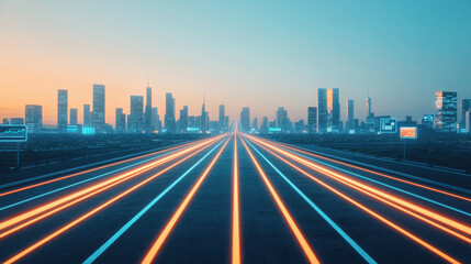 Fototapeta premium Futuristic Smart Highway with Neon Lights and City Skyline