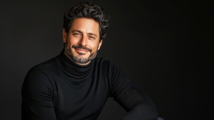 Obraz premium A man with curly hair showcases his relaxed and confident demeanor while wearing a black turtleneck. The backdrop enhances his inviting smile and charismatic presence