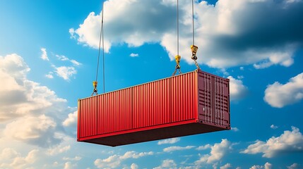 Red shipping container suspended in sky

