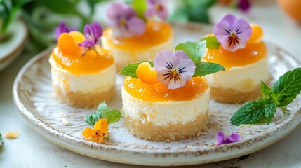 Four mini cheesecakes topped with apricot jam and pansies on a plate.