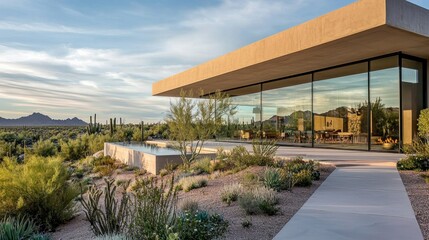 Obraz premium A contemporary desert residence features large glass windows offering panoramic views of surrounding mountains and lush desert landscaping during sunset
