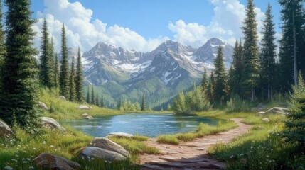 Serene mountain lake vista. Lush, green meadow surrounds a placid lake nestled beneath snow-capped peaks. A well-worn path leads through the scene