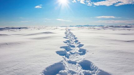 Footprints mark a snowy expanse under a clear blue sky, with sunlight illuminating the white terrain. The tranquility of winter envelops the scene, showcasing nature's beauty