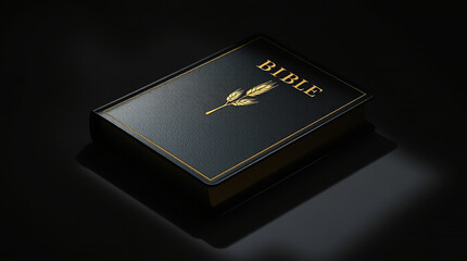Bible featuring a golden wheat symbol on a black cover set against a dark background