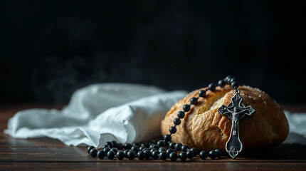 Rosary beads on rustic wood with freshly baked bread and copy space for text