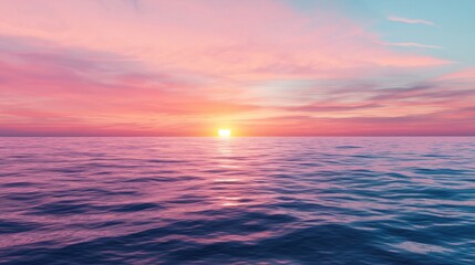 Obraz premium A stunning sunset unfolds over the serene ocean, with vibrant hues of pink and orange reflecting on the calm water. The horizon blends beautifully at dusk