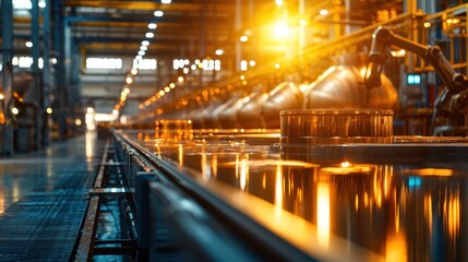 Fototapeta premium A bustling industrial facility features sleek production lines and advanced machinery illuminated by warm overhead lights, reflecting off polished surfaces in a vibrant atmosphere