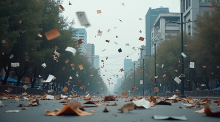 Debris like trash, leaves, and papers flying in strong wind gusts down a city street, with buildings and an overcast sky in the background.