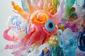 A tangled bunch of plastic waste, including bottles, bags, and packaging, piled together