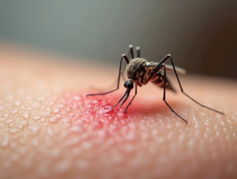 Mosquito biting skin with red swelling in macro, cool tones, medical style for allergy focus.