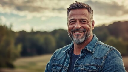 A middle-aged man with a beard and short hair smiles while standing against a lush green backdrop during early evening. The warm light creates a relaxed atmosphere