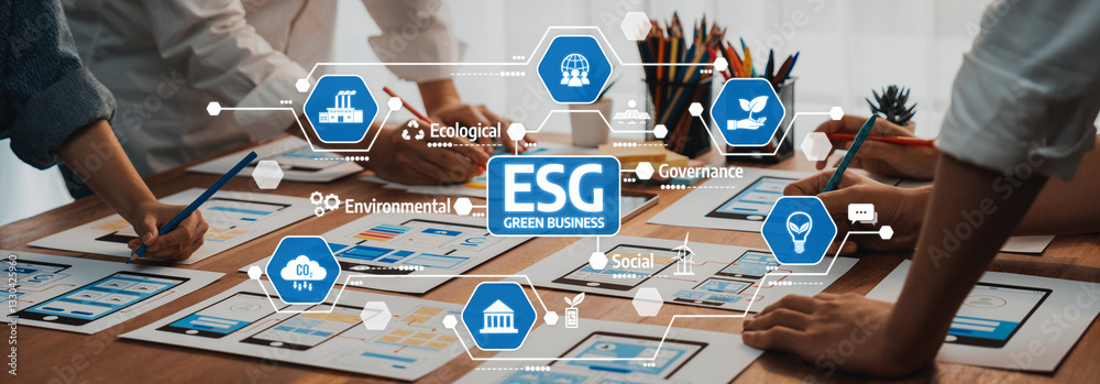 Poster a collaborative workspace displaying esg strategies for green business, featuring diverse individual