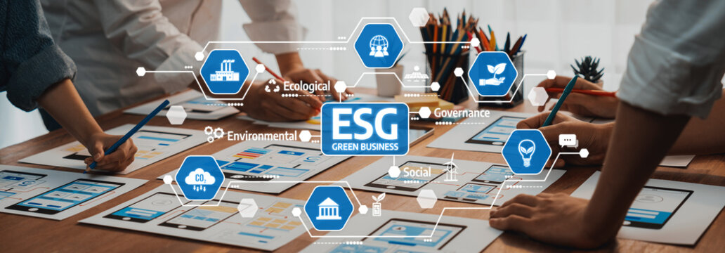 A collaborative workspace displaying ESG strategies for green business, featuring diverse individuals engaging with documents and visuals to foster innovation and sustainability. Amity