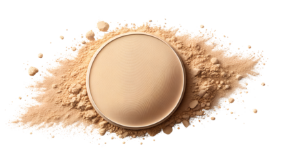 Pressed compact face powder with scattered loose powder, smooth matte finish, natural skin tone makeup for beauty and cosmetics