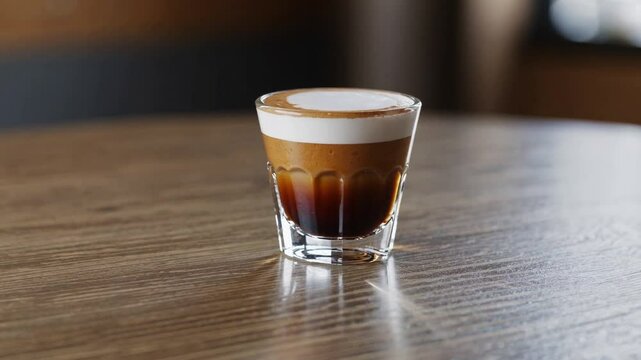 A perfectly crafted cortado coffee with a smooth espresso base and a layer of creamy milk, served in a small glass on a rustic wooden table in a modern caf&eacute;