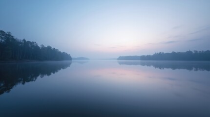 Fototapeta premium Lake reflecting pale sky in white night, distant trees, soft light for tranquility theme.