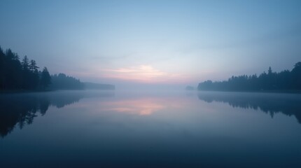 Fototapeta premium Lake reflecting pale sky in white night, distant trees, soft light for tranquility theme.