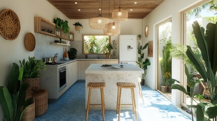 Tropical kitchen island, sunlight, plants, island home, design inspiration