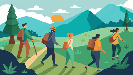 A group of seasoned walkers navigating through a rugged terrain on their weekly nature reserve excursion.. Vector illustration