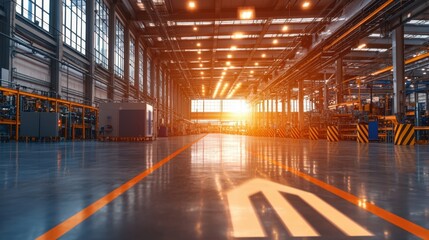 Bright sunset illuminates a spacious industrial warehouse showing rows of machinery and production areas. The floor glistens from recent cleaning, enhancing productivity
