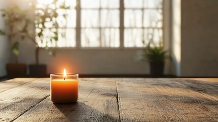 A candle flickers softly on a rustic wooden table. Sunlight streams through large windows, creating a cozy atmosphere with houseplants nearby