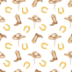 cowboy hat, cowboy boots, horseshoe, coins, revolver, sheriff badge. Watercolor seamless pattern on white background. Cute cowboy illustration for textiles and packaging
