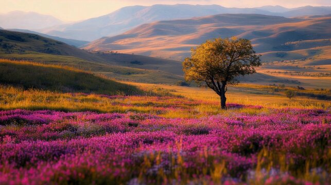 A vast meadow filled with blooming wildflowers in vibrant pink shades stretches out under the soft light of dusk, while a lone tree stands prominently in the landscape amid rolling hills